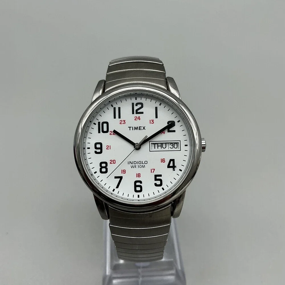 Timex Men Watch 35mm White Dial Silver Tone Stretch Indiglo Day Date New Battery